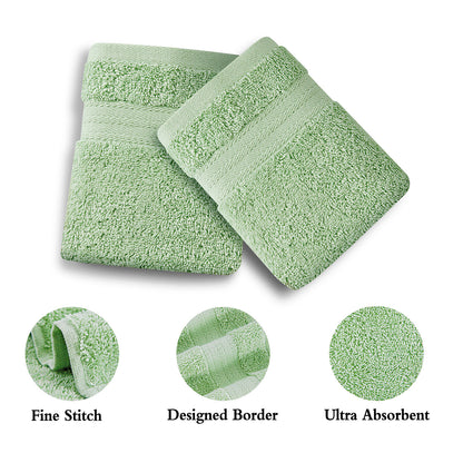 Sage green 4-piece hand towel set, highly absorbent 100% ring spun cotton, OEKOTEX certified, perfect for bathroom use.