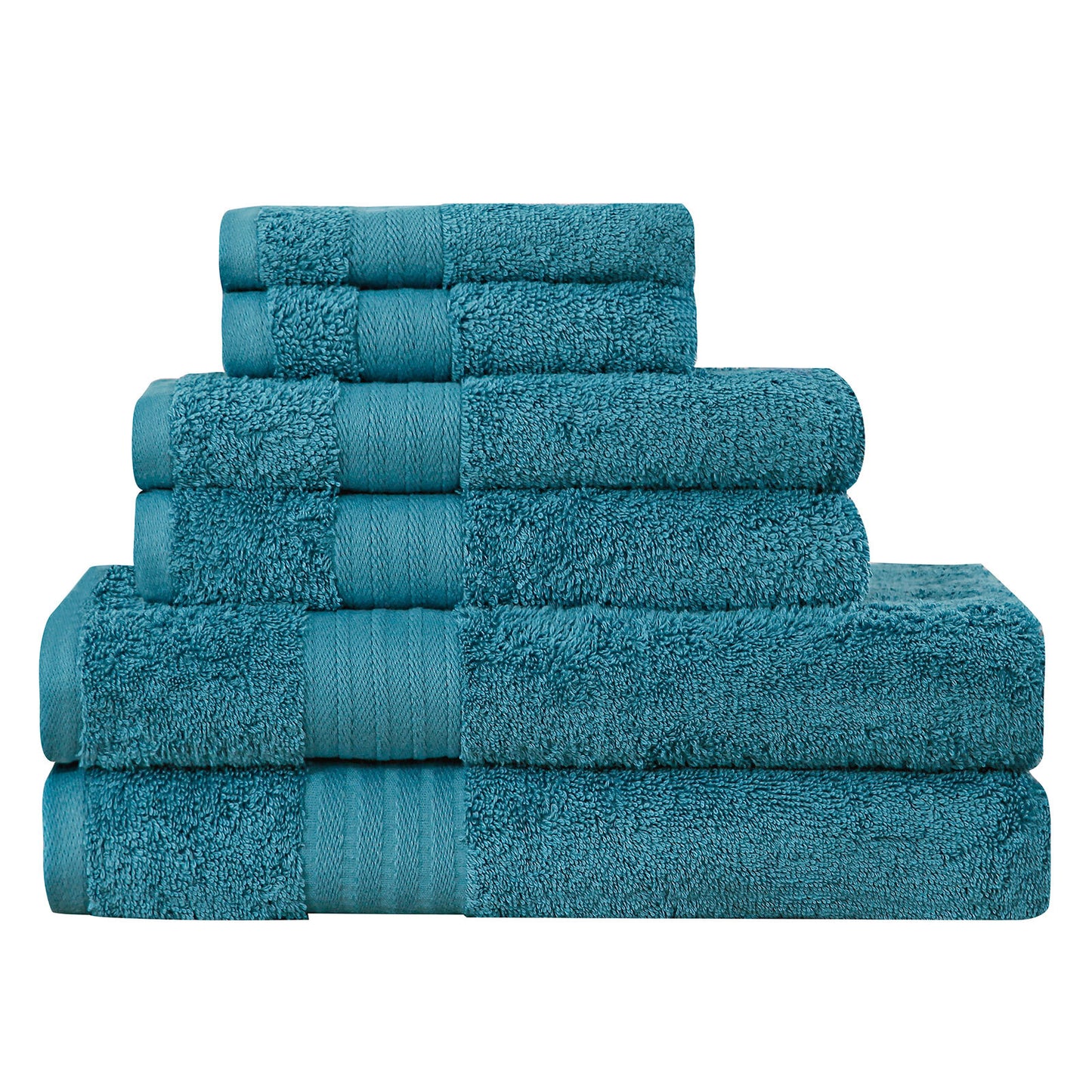 Luxury 6 piece blue cotton bath towel set, highly absorbent and soft, perfect for bathroom use.