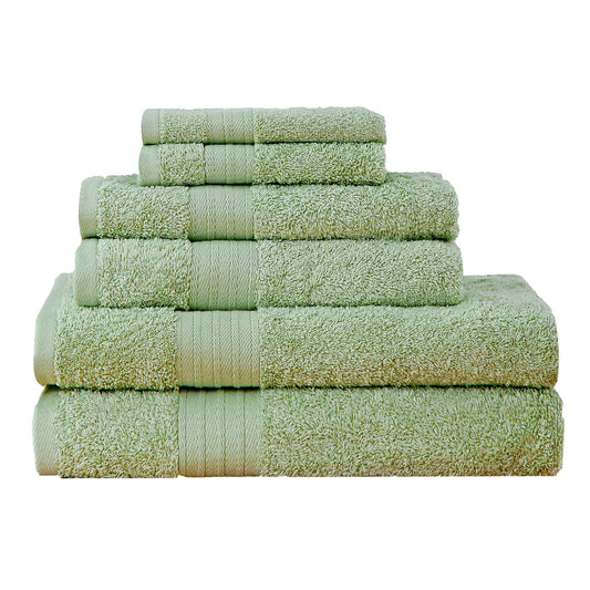 Luxury sage green 6 piece 100% cotton bath towel set, OEKOTEX certified, soft, absorbent, perfect for bathroom luxury.