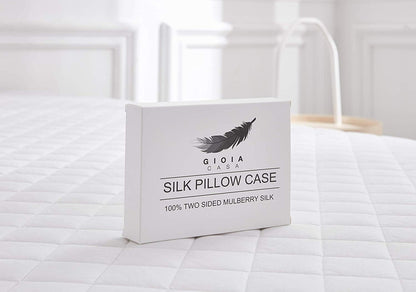 Luxury silk pillowcase box showcasing 100% two-sided Mulberry silk design on a cozy bed setting.