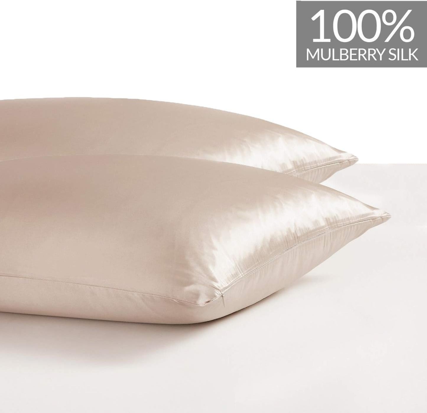 Luxury pillowcase 2 pack in champagne color, made from 100% pure Mulberry silk for a smooth, breathable sleep experience.