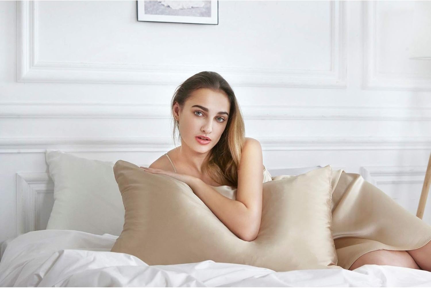 Luxury mulberry silk pillowcase in champagne color, enhancing sleep quality and comfort.