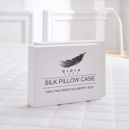 Luxury silk pillowcase packaging showcasing 100% pure two-sided Mulberry silk for ultimate comfort.