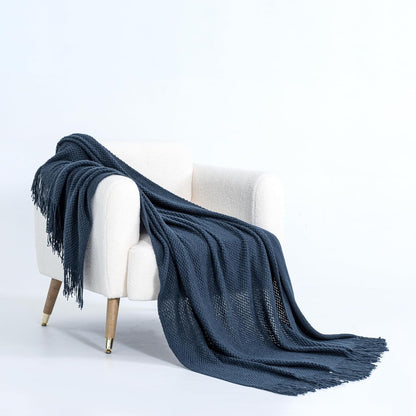 Navy Micro Plush Knitted Woven Throw Blanket on Chair - Soft and Cozy Acrylic Throws and Blankets