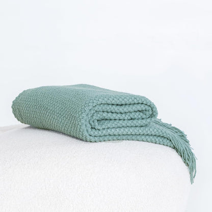 Seafoam micro plush knitted woven throw blanket, premium acrylic fabric, ultra-soft and cozy, perfect for sofas and beds.