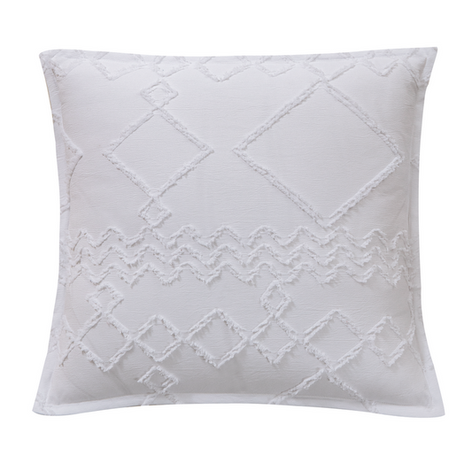 Soft tufted white cushion cover with geometric patterns, perfect for enhancing couch or sofa decor. 45x45cm, machine washable.