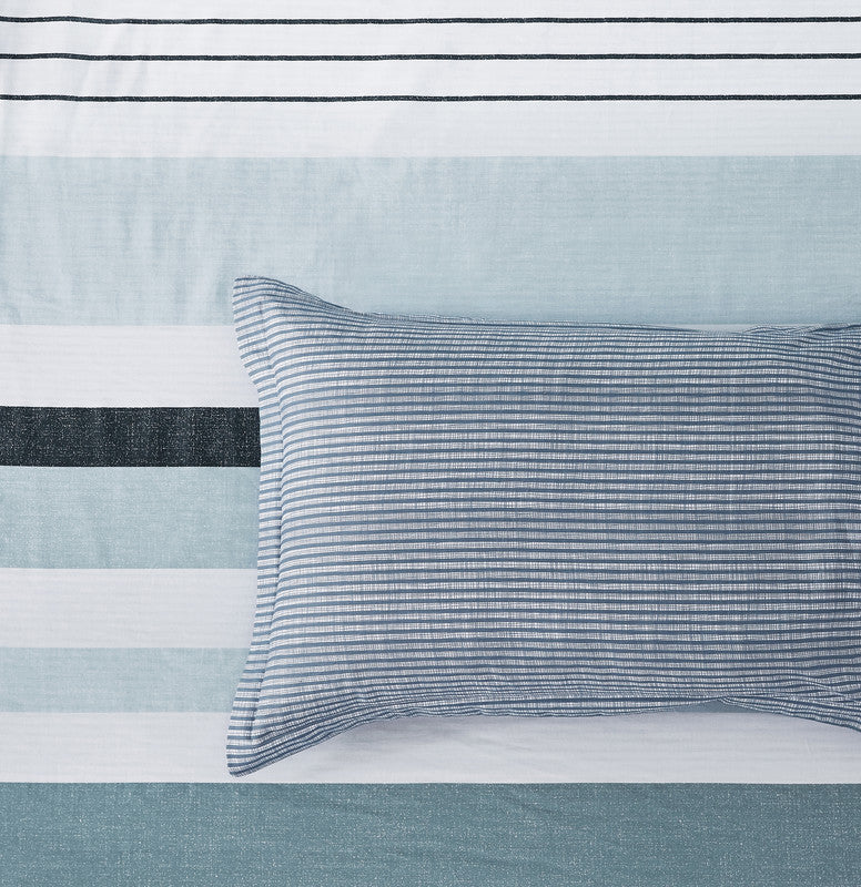 Nathan queen size cotton quilt cover set featuring blue stripes and coordinating striped pillowcase for stylish bedding.