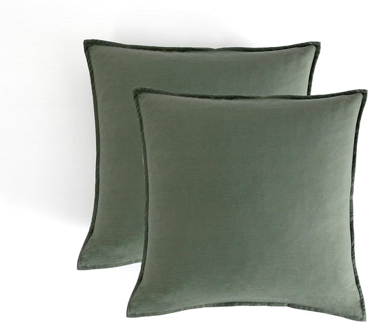 Set of 2 luxurious khaki green vintage washed microfibre European pillowcases for stylish bedding decor.