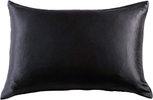 Luxury black pillowcase made of 100% pure Mulberry silk for a smooth, comfortable sleep experience.