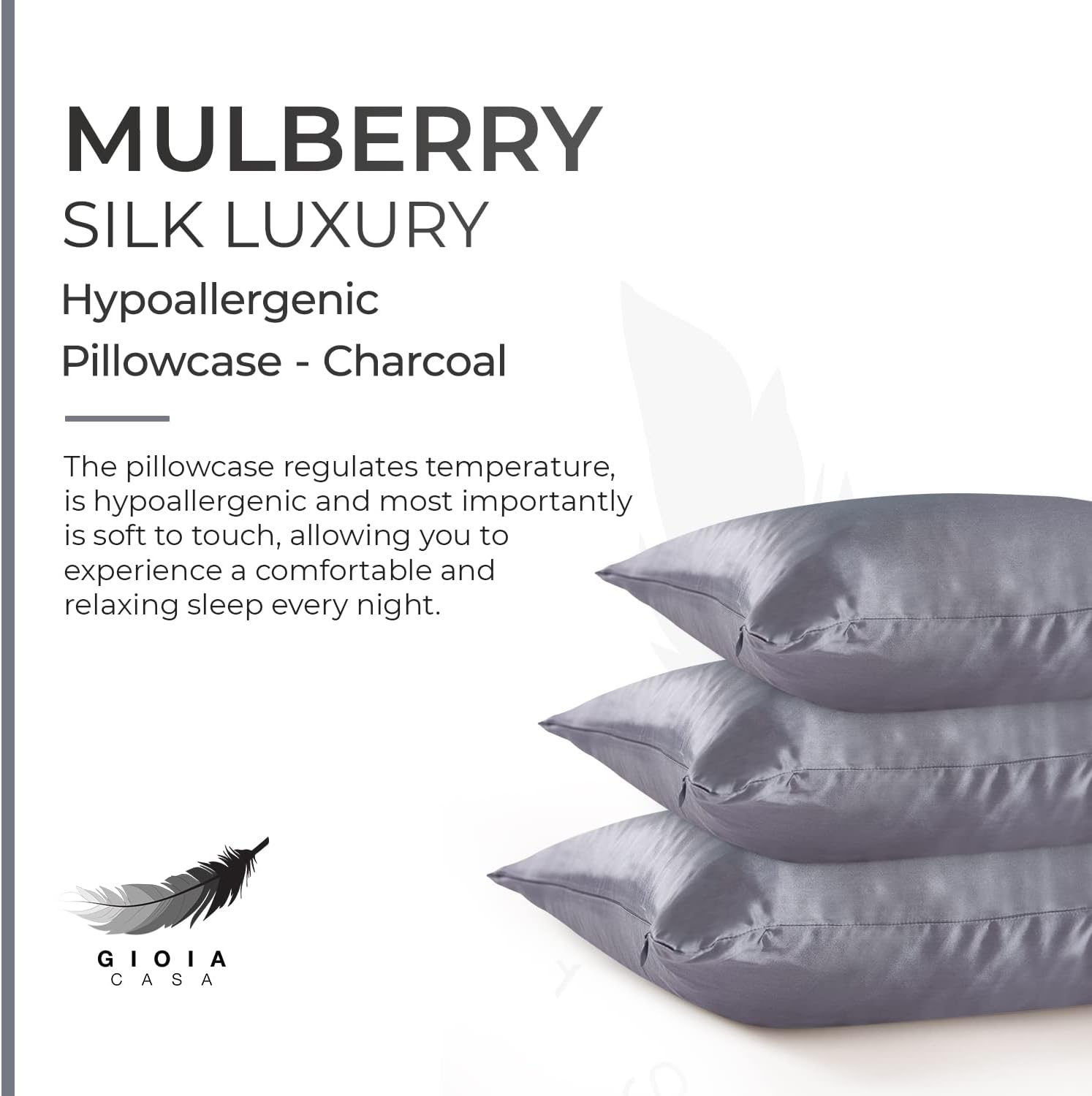 Luxury charcoal hypoallergenic pillowcase made from 100% pure mulberry silk for a comfortable sleep experience.