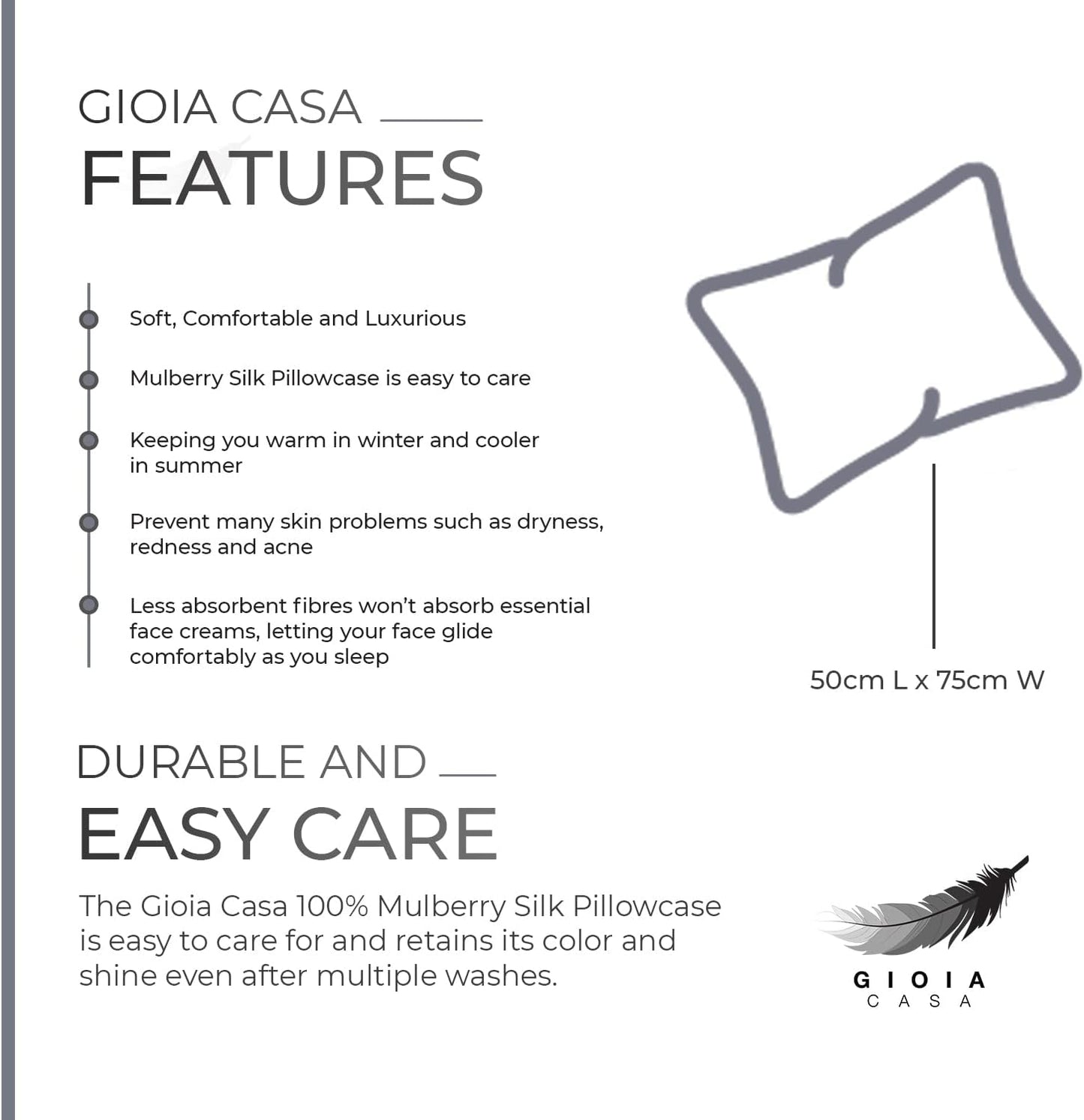 Features of Gioia Casa 100% Mulberry Silk Pillowcase, highlighting comfort, care, and benefits for skin and hair.