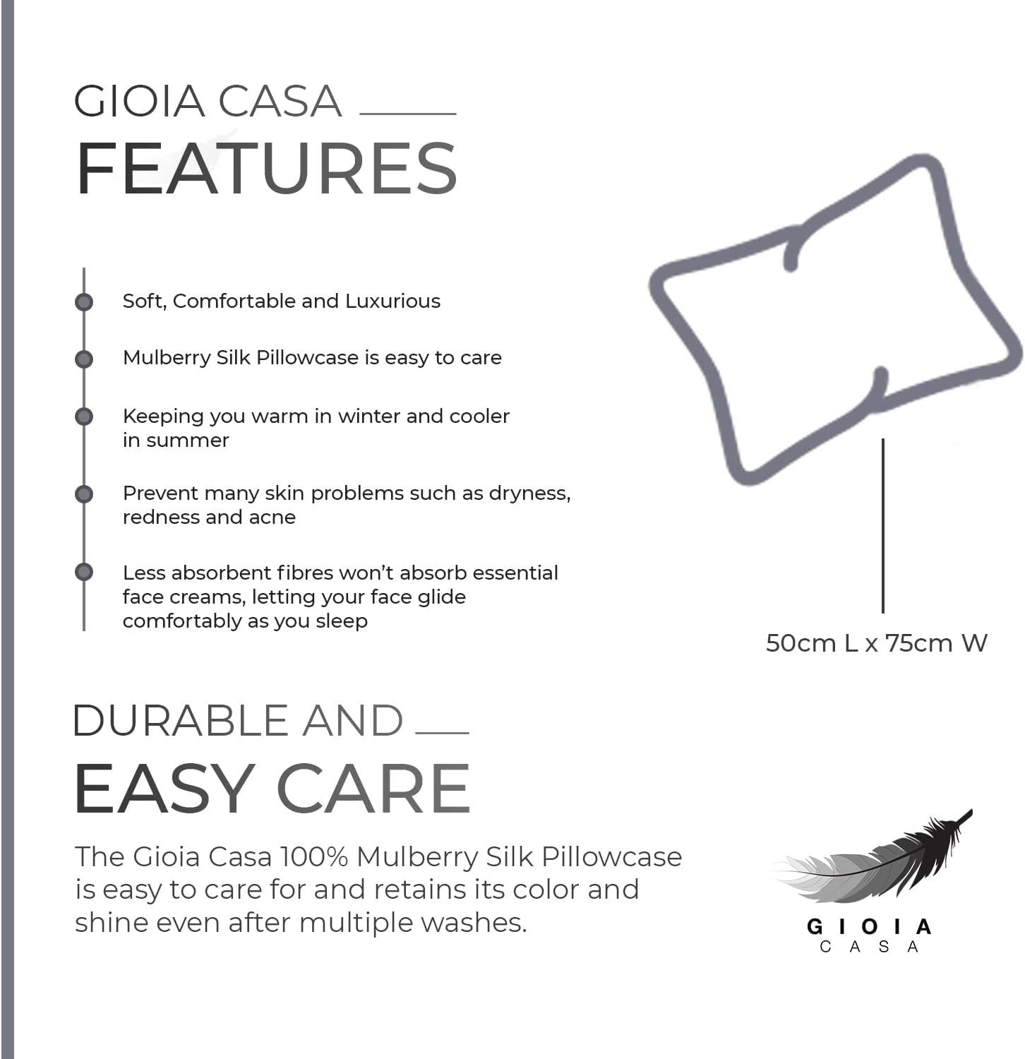 Features of Gioia Casa 100% Mulberry Silk Pillowcase, highlighting comfort, care, and benefits for skin and hair.