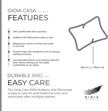 Features of Gioia Casa 100% Mulberry Silk Pillowcase, highlighting comfort, care, and benefits for skin and hair.