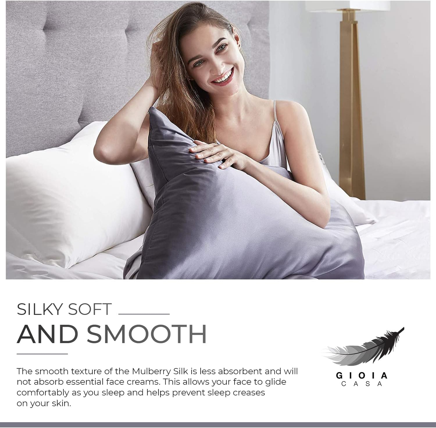 Luxury Mulberry silk pillowcase in charcoal, promoting smooth sleep and reducing skin creases for a rejuvenating rest.