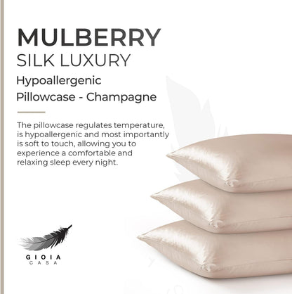 Luxury mulberry silk pillowcase in champagne for a hypoallergenic and comfortable sleep experience.