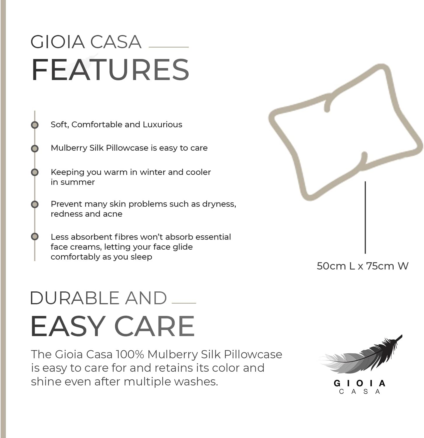 Gioia Casa Mulberry silk pillowcase features, highlighting comfort, easy care, and skin benefits for a luxurious sleep experience.