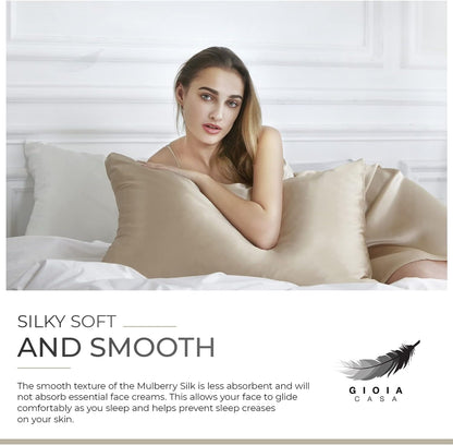 Luxury pillowcase in champagne color, featuring silky smooth Mulberry silk for ultimate comfort and skin care.