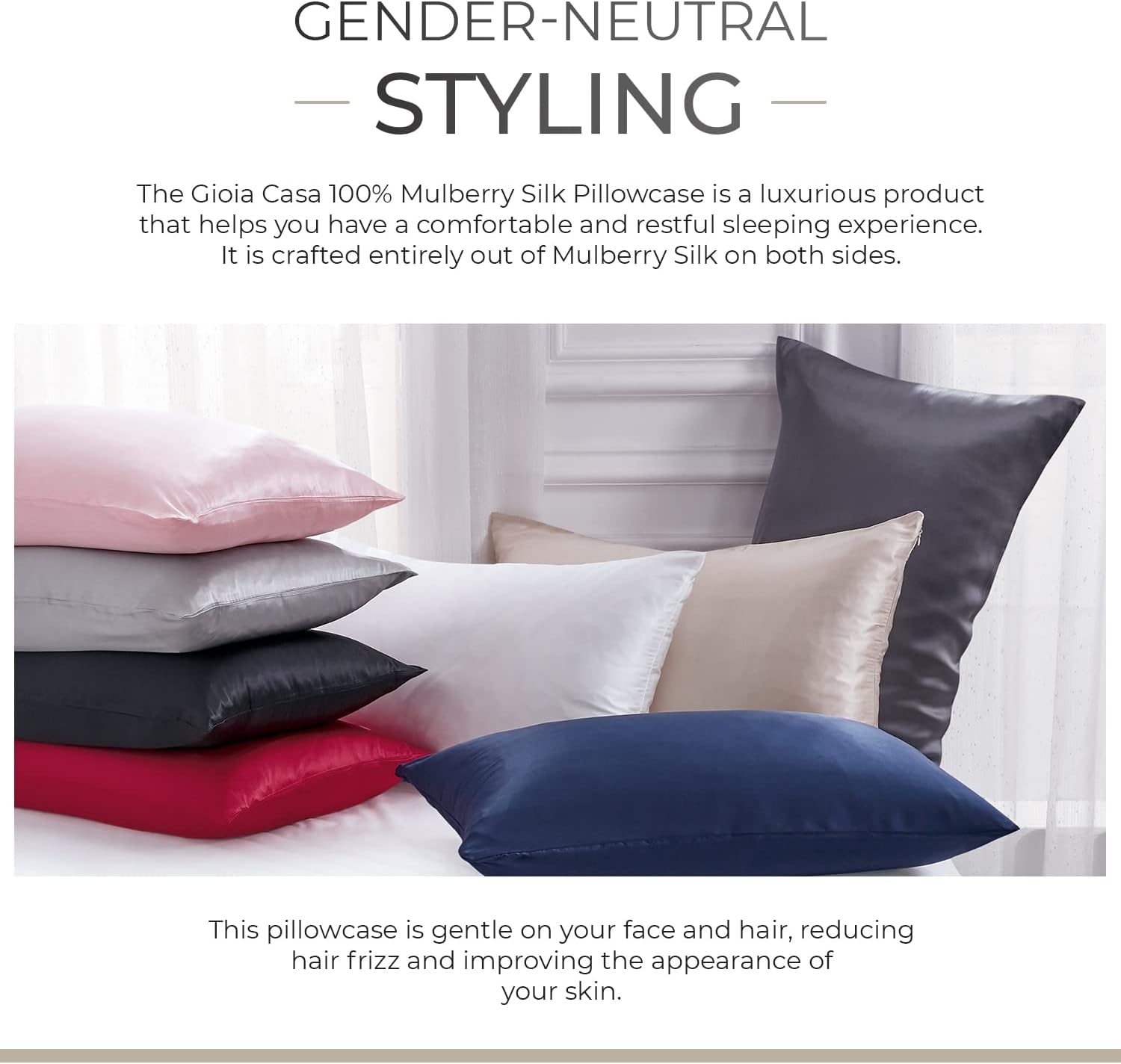 Cozy arrangement of luxury pillowcases in various colors made from 100% pure Mulberry silk for ultimate comfort and style.