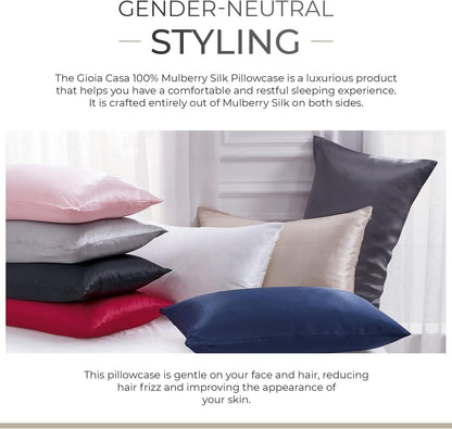 Cozy arrangement of luxury pillowcases in various colors made from 100% pure Mulberry silk for ultimate comfort and style.