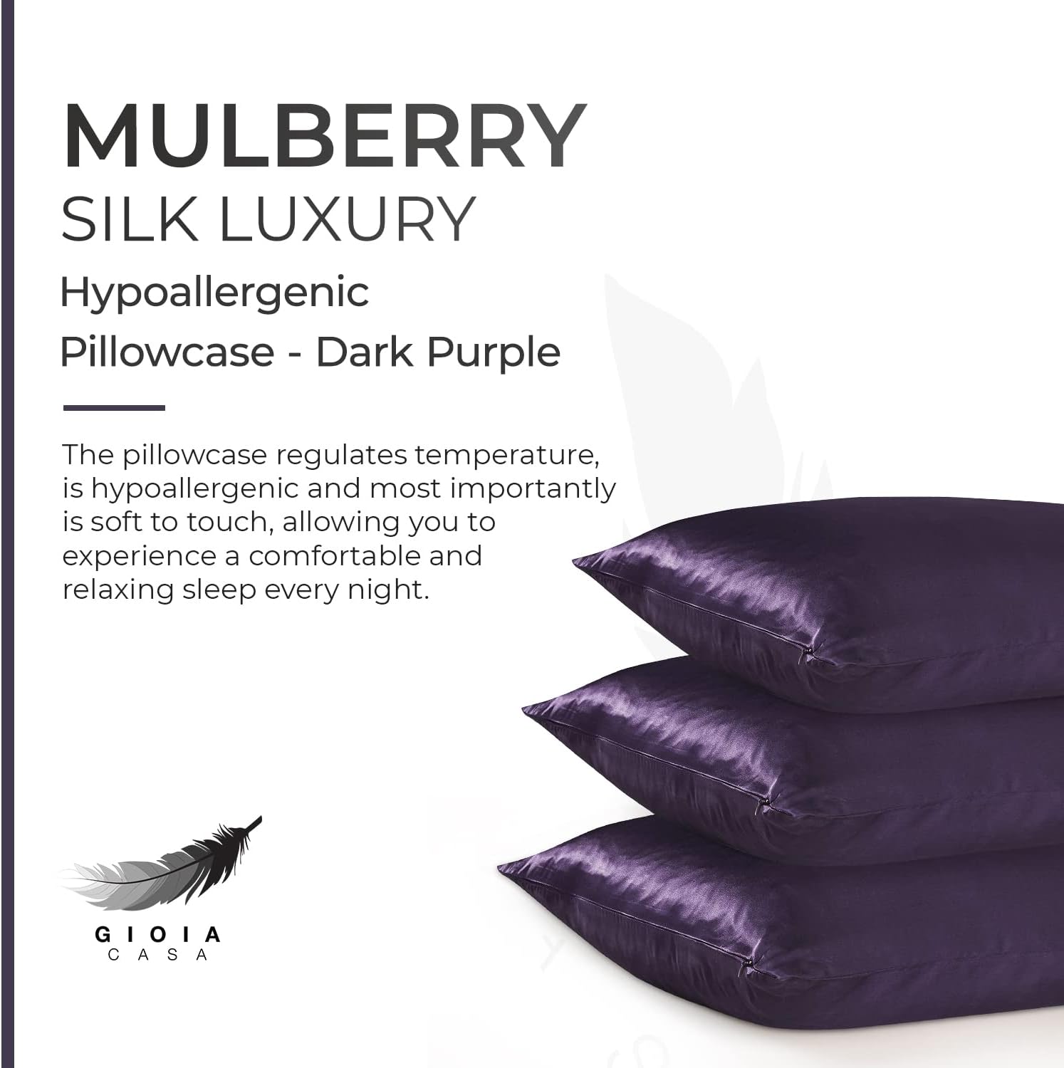 Luxury dark purple mulberry silk pillowcase, hypoallergenic for a comfortable sleep experience.