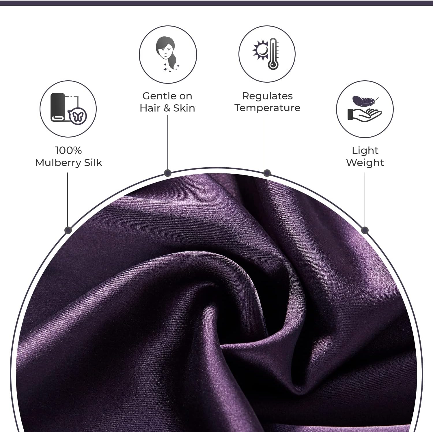 Close-up of luxurious dark purple 100% Mulberry silk fabric showcasing its soft texture and lightweight quality.