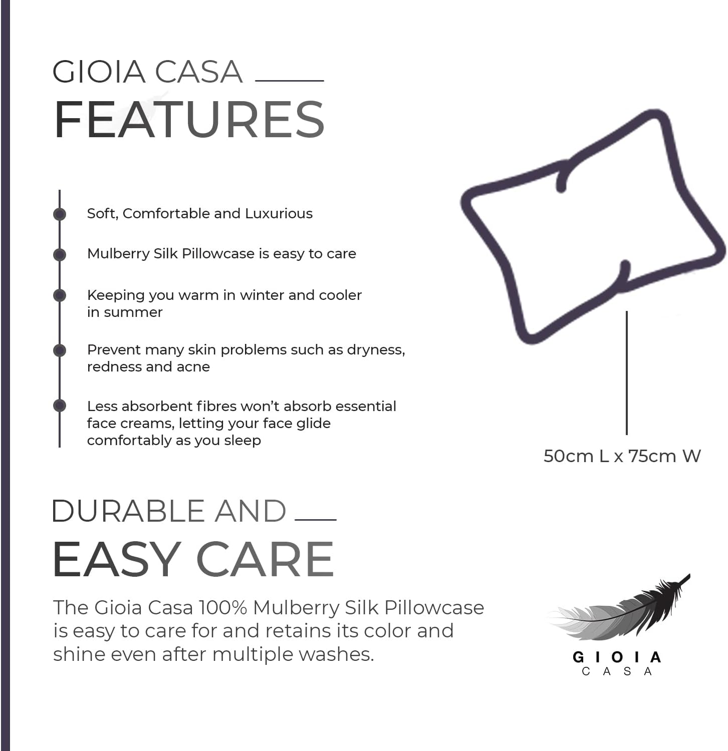 Gioia Casa features of 100% Mulberry silk pillowcase, highlighting comfort, easy care, and size for optimal sleep experience.