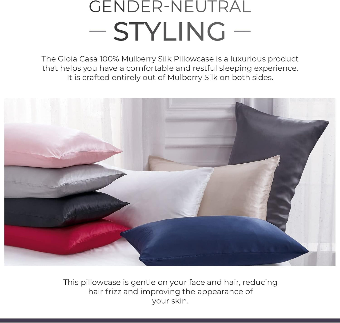 Luxurious Gioia Casa Mulberry Silk Pillowcases in various colors for a comfortable sleep experience.