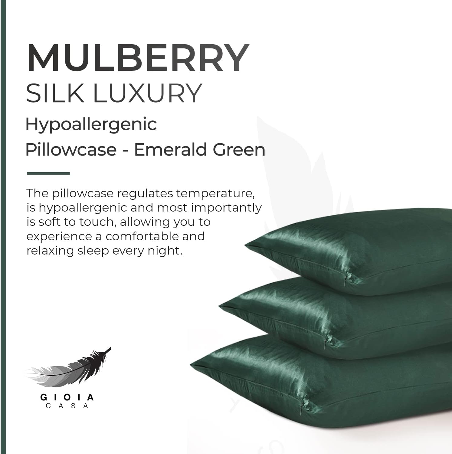 Luxury emerald green pillowcase made from 100% pure Mulberry silk for a hypoallergenic, comfortable sleep experience.