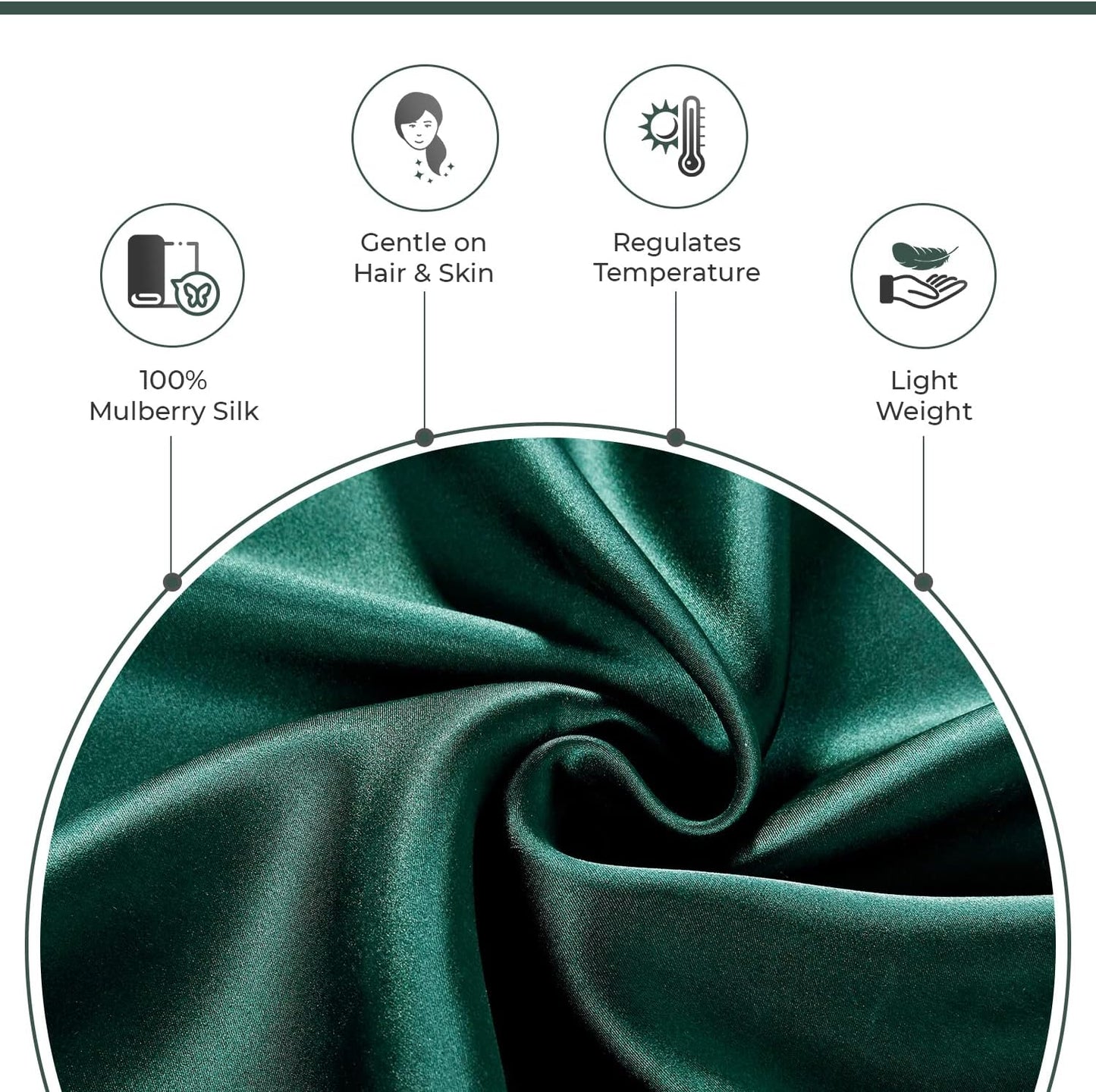 100% pure Mulberry silk pillowcase in emerald green, gentle on hair and skin, regulates temperature, lightweight benefits.