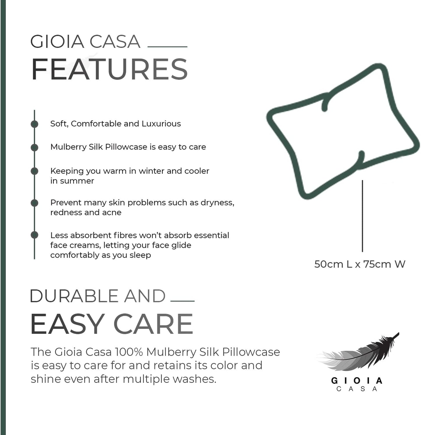 Features of Gioia Casa Luxury Mulberry Silk Pillowcase, highlighting comfort, care, and benefits like reducing skin problems.