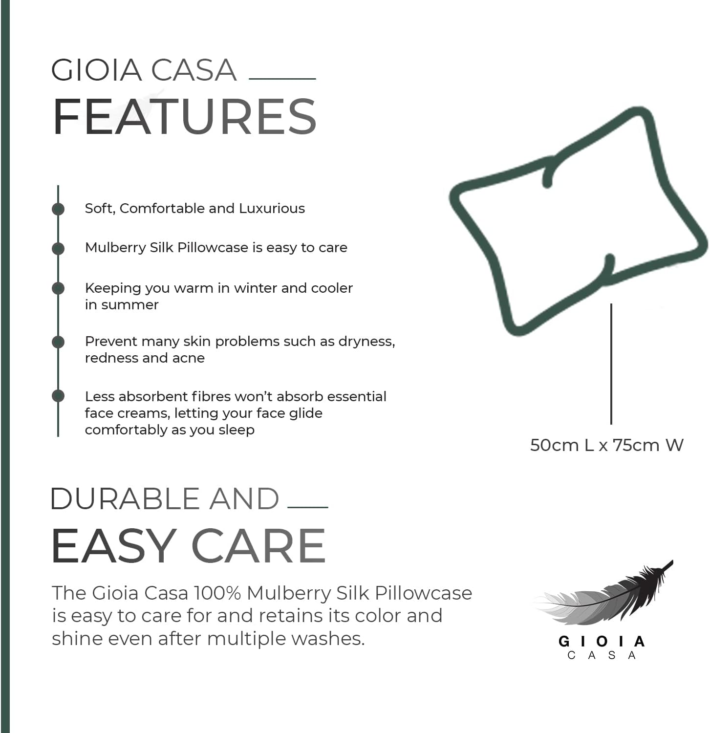 Features of Gioia Casa Luxury Mulberry Silk Pillowcase, highlighting comfort, care, and benefits like reducing skin problems.