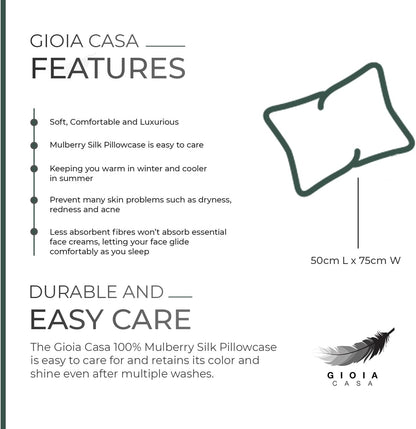 Features of Gioia Casa Luxury Mulberry Silk Pillowcase, highlighting comfort, care, and benefits like reducing skin problems.