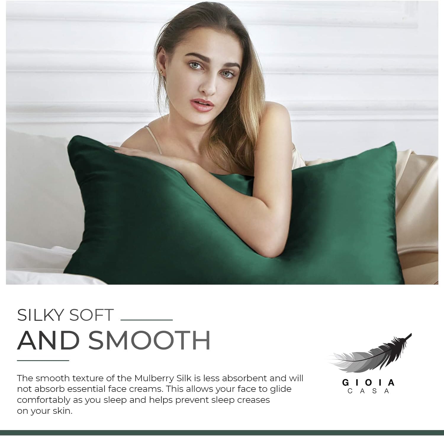 Luxury emerald green mulberry silk pillowcase for a smooth sleep experience, reducing skin creases and frizz.