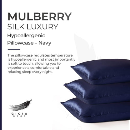 Luxury navy Mulberry silk pillowcase, hypoallergenic for comfort and restful sleep every night.