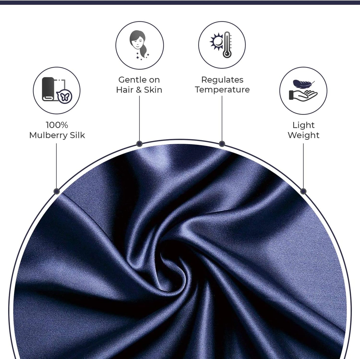 Luxurious navy 100% mulberry silk fabric features, highlighting temperature regulation and gentle feel on hair and skin.