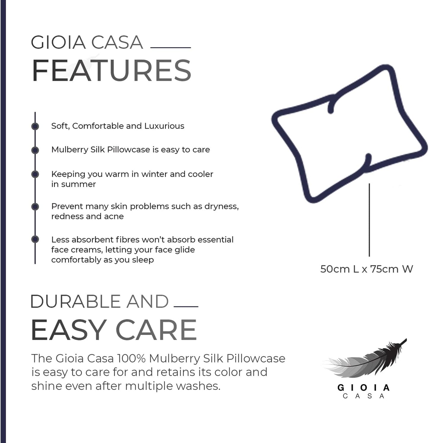 Features of Gioia Casa Mulberry Silk Pillowcase, highlighting comfort, easy care, and size dimensions (50cm x 75cm).