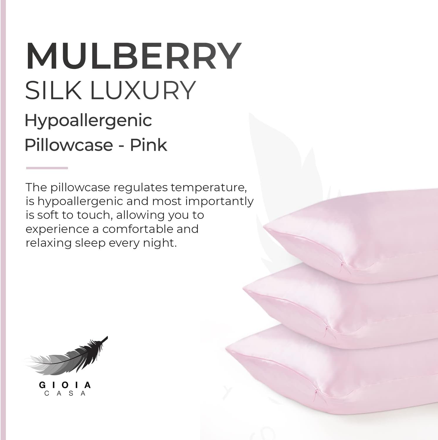 Luxury hypoallergenic mulberry silk pillowcase in pink, offering comfortable and relaxing sleep.