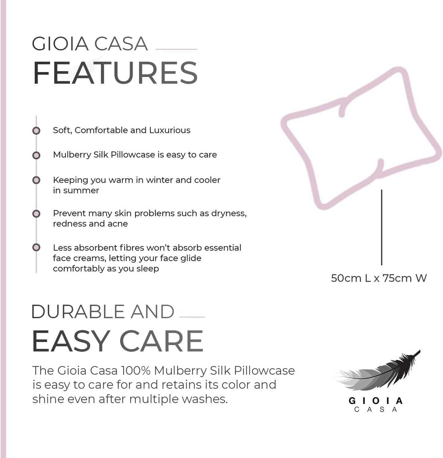 Features of Gioia Casa 100% Mulberry Silk Pillowcase, highlighting comfort and easy care for luxurious sleep.