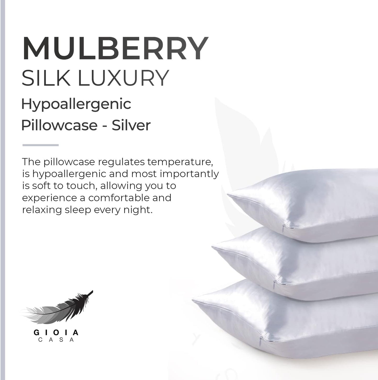 Luxury silver Mulberry silk pillowcase, hypoallergenic and soft for a comfortable sleep experience.