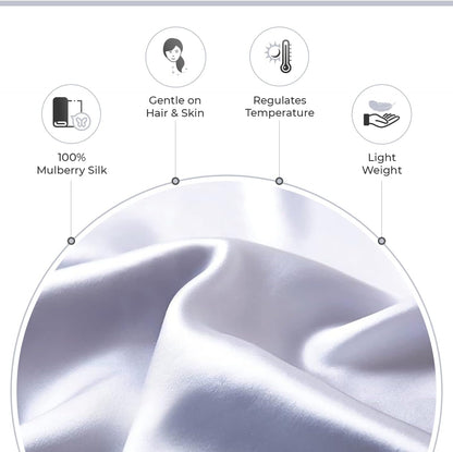 Luxury pillowcase features 100% pure Mulberry silk, gentle on hair and skin, regulates temperature, and lightweight for comfort.