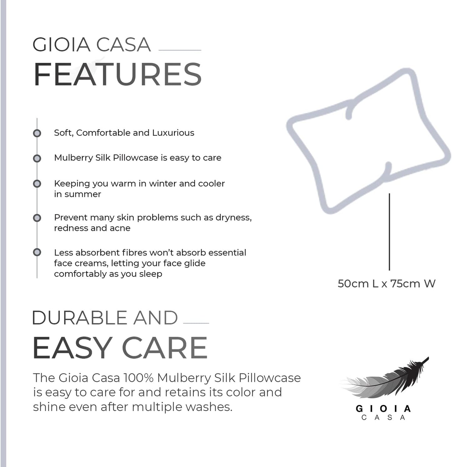 Features of Gioia Casa 100% Mulberry Silk Pillowcase, highlighting comfort, easy care, and skin benefits.