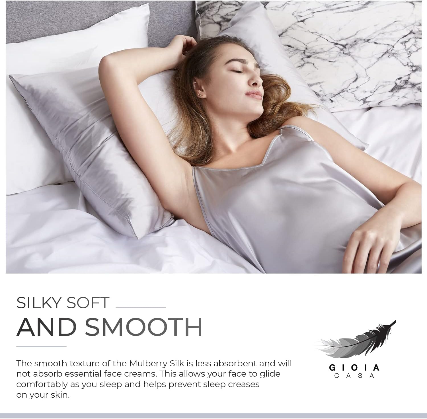 Model relaxing on luxury silver pillowcase made of 100% pure Mulberry silk, showcasing comfort and elegance.