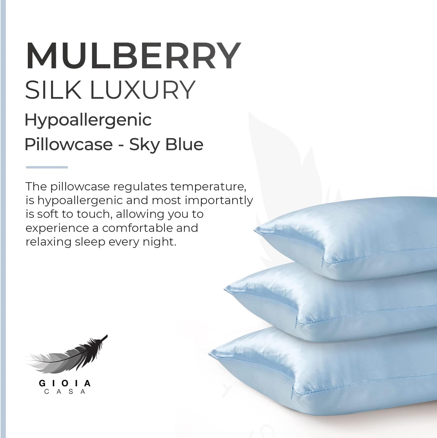 Luxury sky blue hypoallergenic pillowcase made of 100% pure Mulberry silk for ultimate comfort and restful sleep.