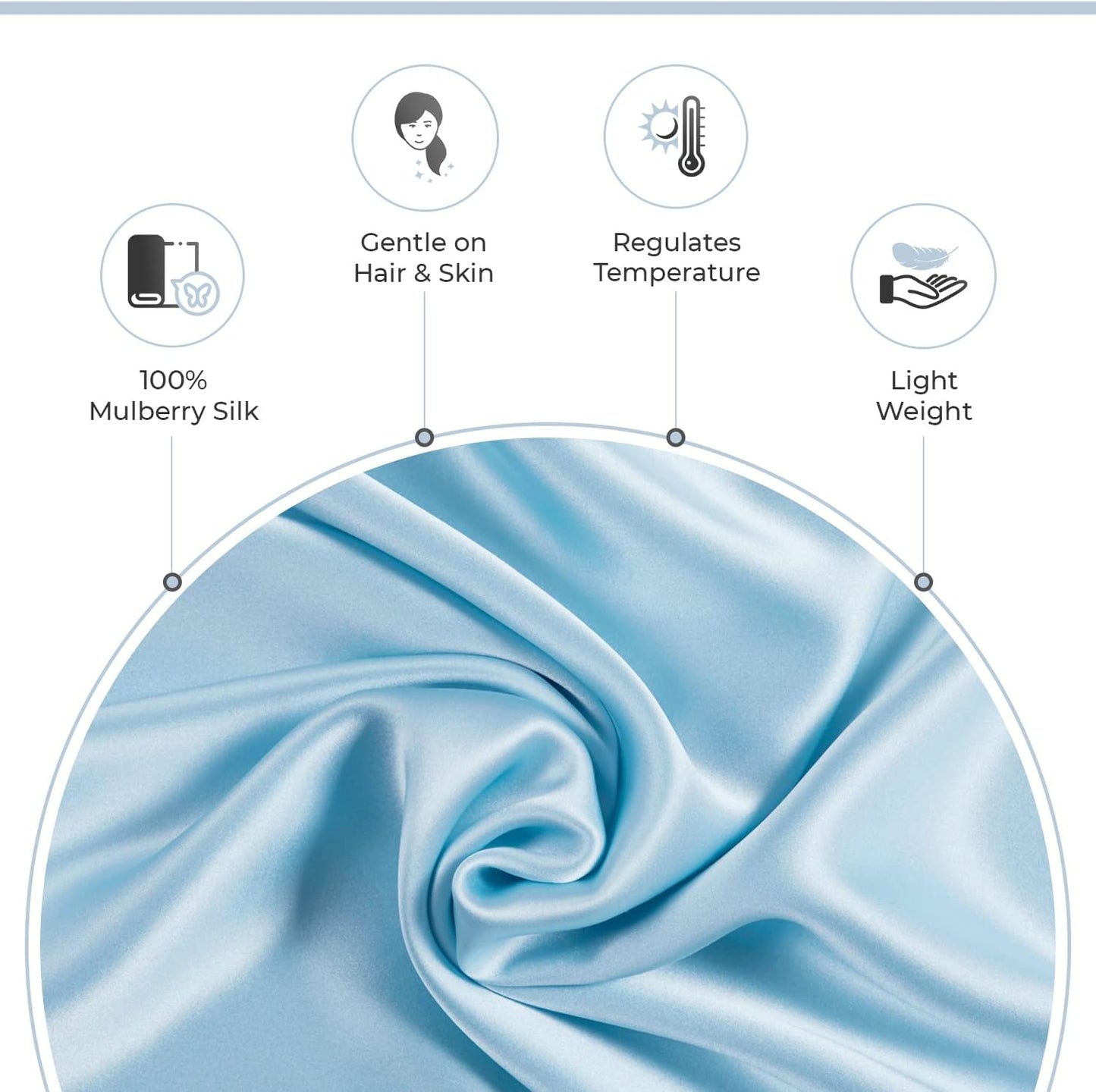 Luxury pillowcase features 100% pure mulberry silk, gentle on skin, regulates temperature, and lightweight in sky blue.