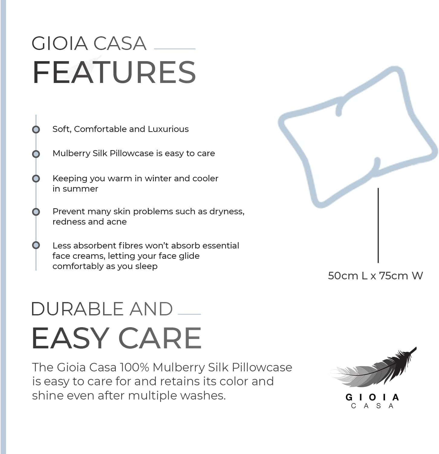 Features of Gioia Casa 100% Mulberry Silk Pillowcase: soft, durable, easy care, comfortable for a restful sleep.