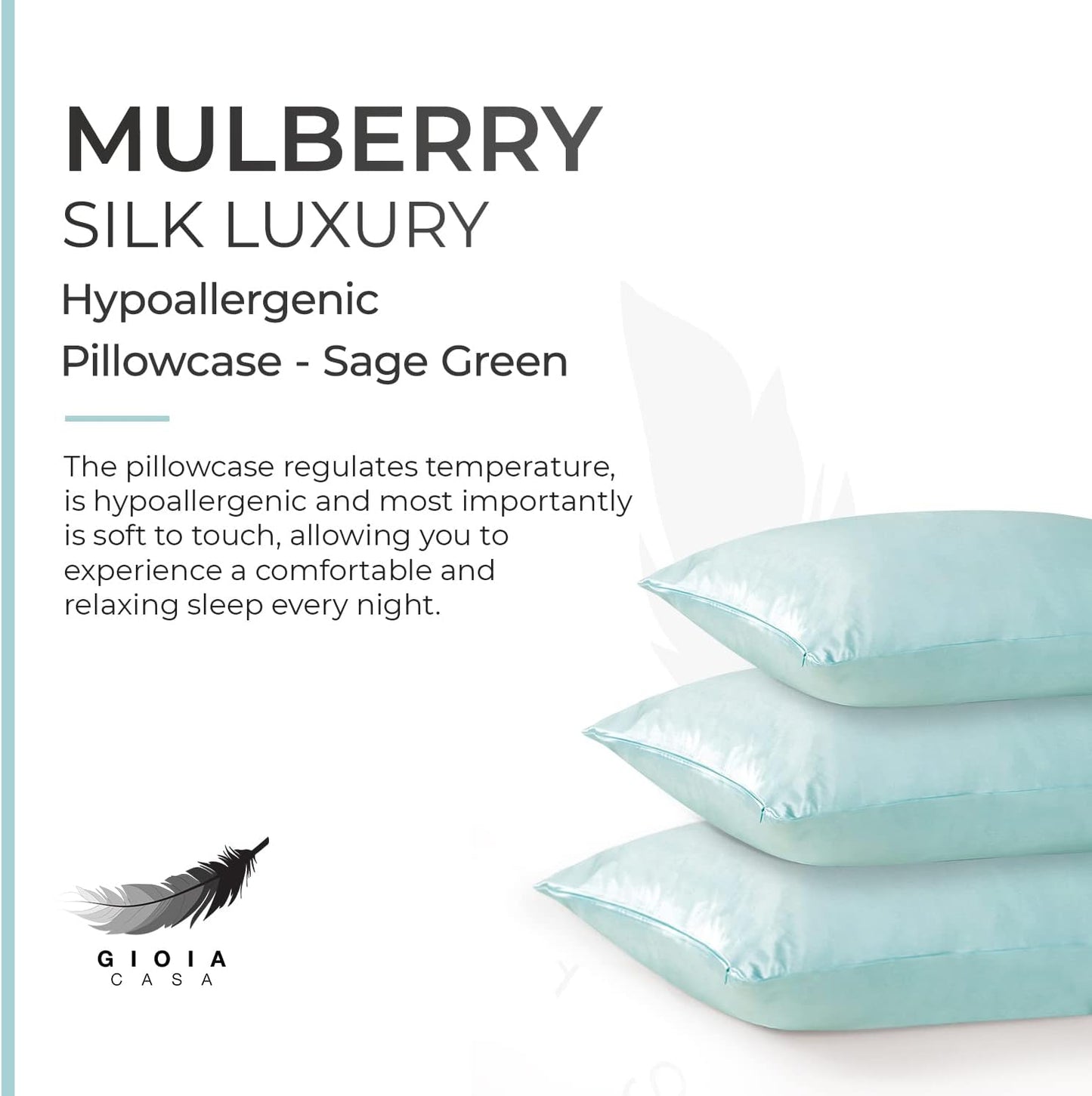 Luxury sage green pillowcase made from pure Mulberry silk, hypoallergenic for comfortable, relaxing sleep.