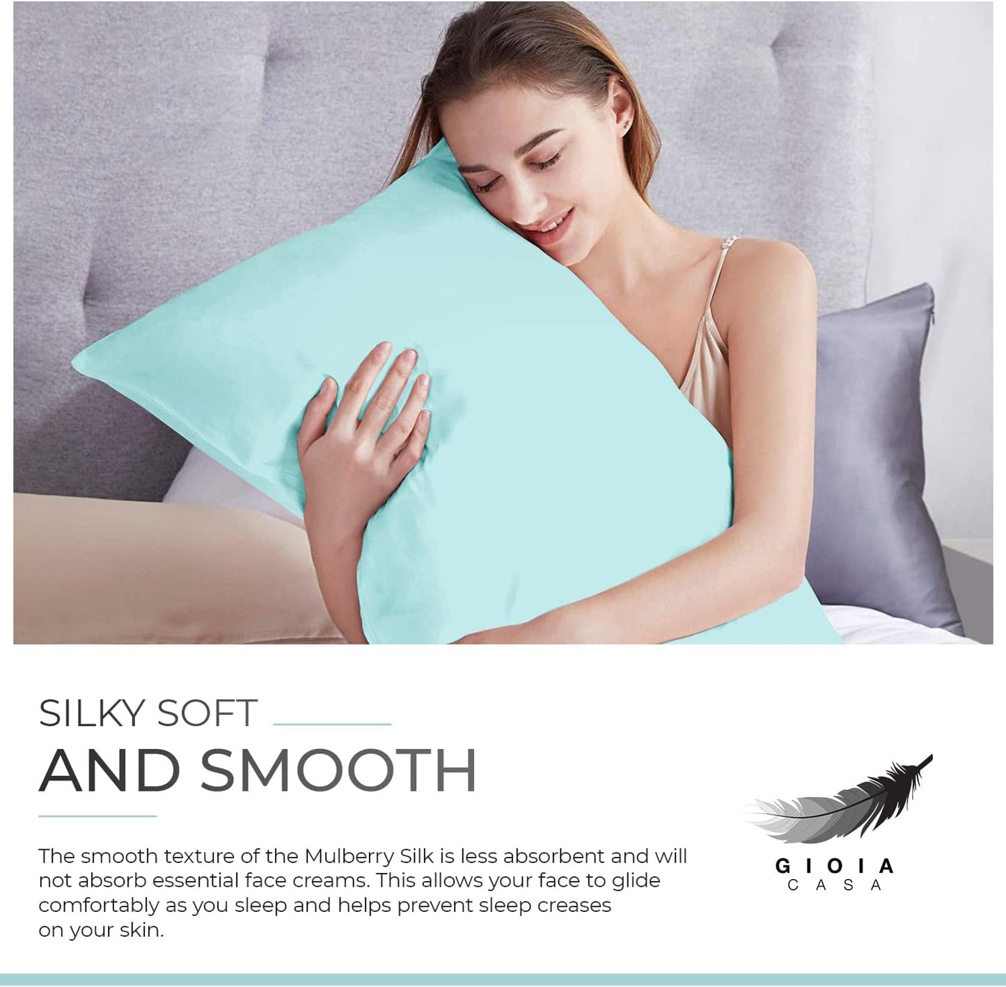 Woman enjoying the comfort of a luxury sage green pillowcase made of 100% pure Mulberry silk.