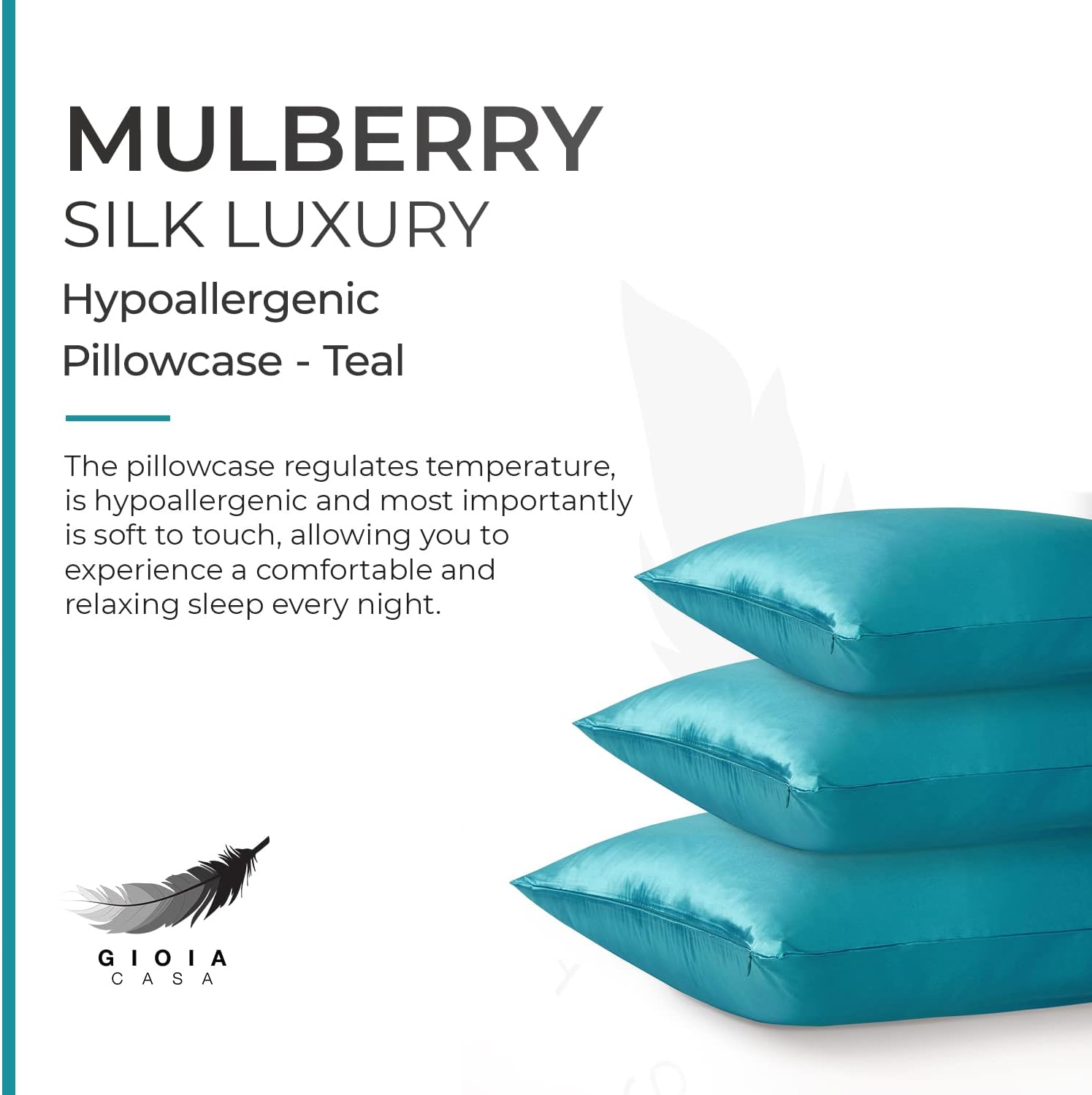 Luxury teal silk pillowcase made from hypoallergenic 100% pure Mulberry silk for a comfortable night's sleep.