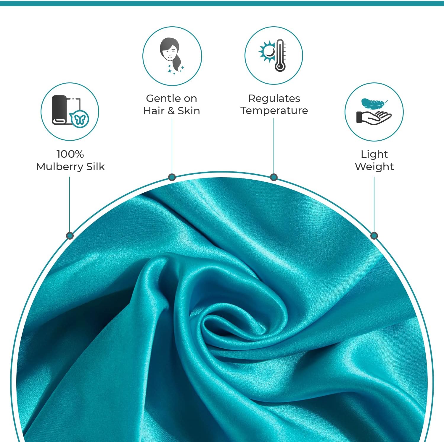 Close-up of luxury teal pillowcase made from 100% pure Mulberry silk, highlighting its softness and benefits for hair and skin.