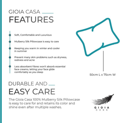 Features of Gioia Casa Mulberry Silk Pillowcase highlighting comfort, care, and size details.